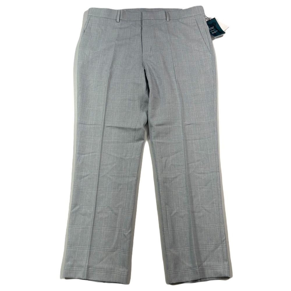 Perry Ellis‎ Slim-Fit Twill Pants Mens 36 x 30 Light Grey Windowpane Stretch NEW